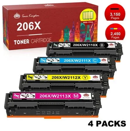 Photo 1 of **stock photo for reference***206X Toner Cartridges 4 Pack High Yield (NO CHIP) Compatible Replacement for HP 206X W2110X 206A W2110A Set Work for HP Color Laserjet Pro MFP M283fdw M283cdw M255dw M283 M255 Printer - BCMY