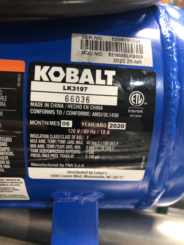 Photo 6 of **parts only**nonrefundable***will not turn on**Kobalt 3-Gallon Portable 150-PSI Electric Hot Dog Air Compressor