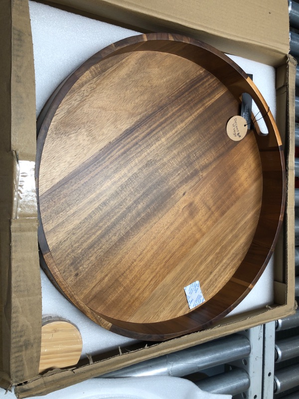 Photo 2 of (see images for damage) Extra Large Round Serving Tray | 20INCH | Heavy Duty Acacia Wood Trays for Big Ottoman Coffee Table 