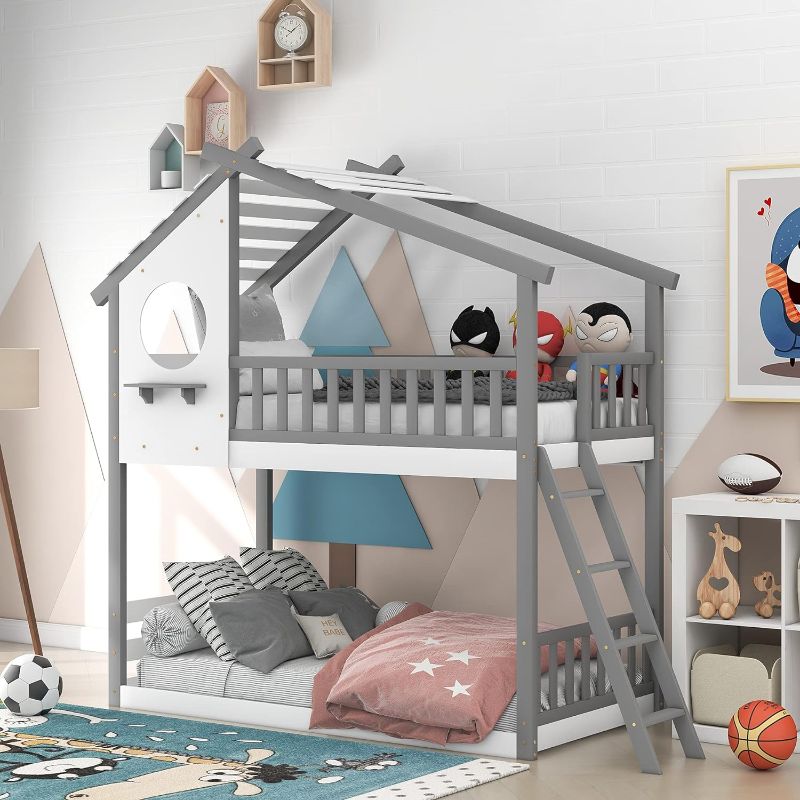 Photo 1 of  **box 1** Low Bunk Bed Twin Over Twin, Floor House Bunk Bed with Roof and Round Window, Wood Twin Bunk Bed Frame with Guardrail and Side Angled Ladder for Kids Boys Girls Teens, No Box Spring Needed, Grey
