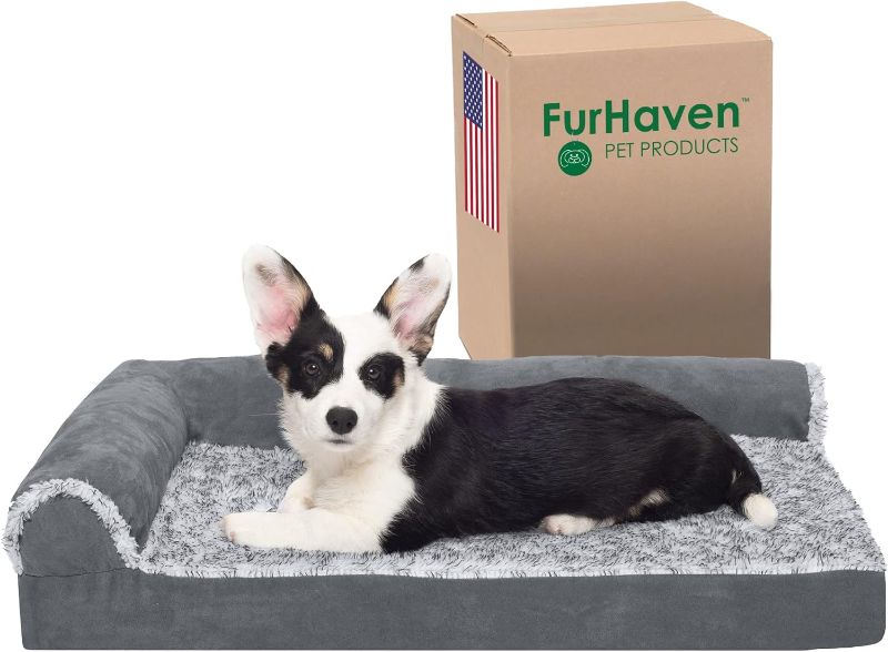 Photo 1 of (READ FULL POST) Furhaven L Chaise Dog Beds for Small/Medium/Large Dogs & Cats -  Orthopedic Foam Medium L Chaise - Two-Tone Plush & Suede (Stone Gray)