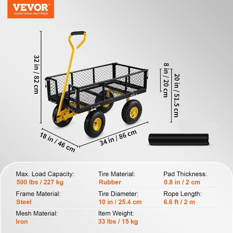 Photo 5 of (READ FULL POST) VEVOR Steel Garden Cart, Heavy Duty 500 lbs Capacity, with Removable Mesh Sides to Convert into Flatbed, Utility Metal Wagon with 180° Rotating Handle and 10 in Tires, Perfect for Garden, Farm, Yard