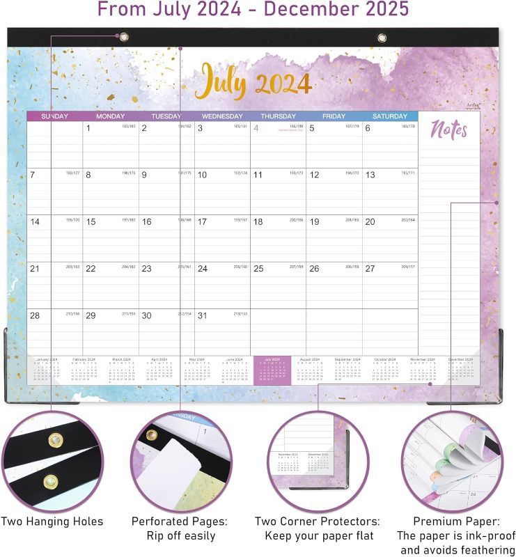 Photo 1 of 2024-2025 Desk Calendar - Large Desk Calendar 2024-2025, Jul.2024 - Dec.2025, 22" x 17", Corner Protectors, Large Ruled Blocks - Multicolor Waterink