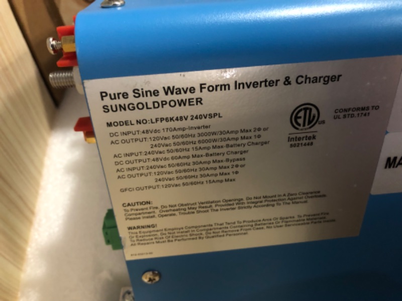 Photo 9 of ***USED - DOESN'T TURN ON - SEE COMMENTS***
SUNGOLDPOWER 6000W 24 Vdc Inverter Charger,Peak 18000w,240 Vac Input, 120V/240V AC Output Split Phase,Low Frequency,Pure Sine Wave with LCD Remote Controller(Updated Version) 6000W 24V Split