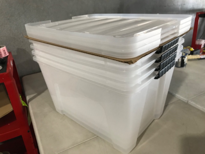 Photo 7 of ***MISSING 1 LID*SMALL CRACKS IN REMAINING 3 LIDS*PICTURED***
IRIS USA 40 Qt. Plastic Storage Bin Tote Organizing Container with Durable Lid and Secure Latching Buckles, 4 Pack