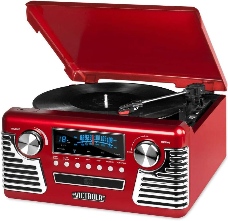 Photo 1 of Victrola 50's Retro Bluetooth Record Player & Multimedia Center, Fits All Standard Records - 33 1/3 Red Record Player + Carrying Case