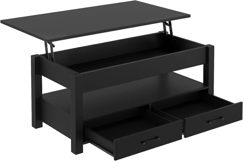 Photo 1 of **minor damage**
Panana Lift Top Coffee Table with Hidden Compartment, 2 Drawers and 1 Open Shelf, (Black)