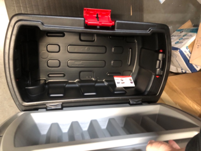 Photo 1 of [READ NOTES]
Rubbermaid 35 Gallon Wheeled ActionPacker, 35 Gal 1 Pack, Black Base, Grey Lid, Red Latches & Handles 35 Gal Wheeled - 1 Pack