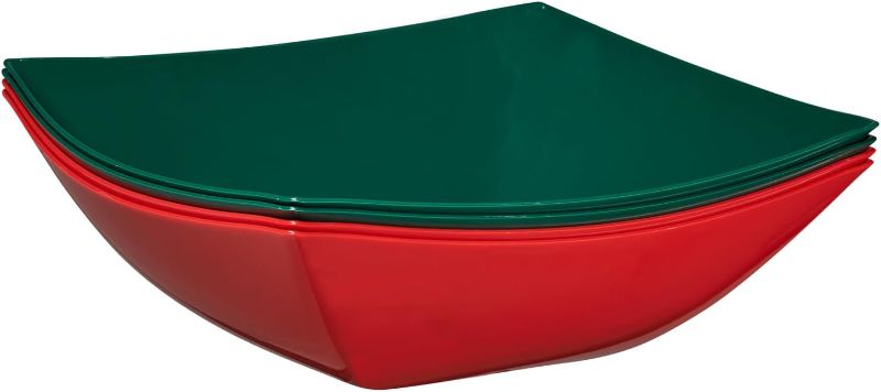 Photo 1 of (2 PACKS OF 4) PLASTICPRO Disposable Square Serving Bowls, Party Snack or Salad Bowl, Plastic 2 Green & 2 Red  32Ounce 