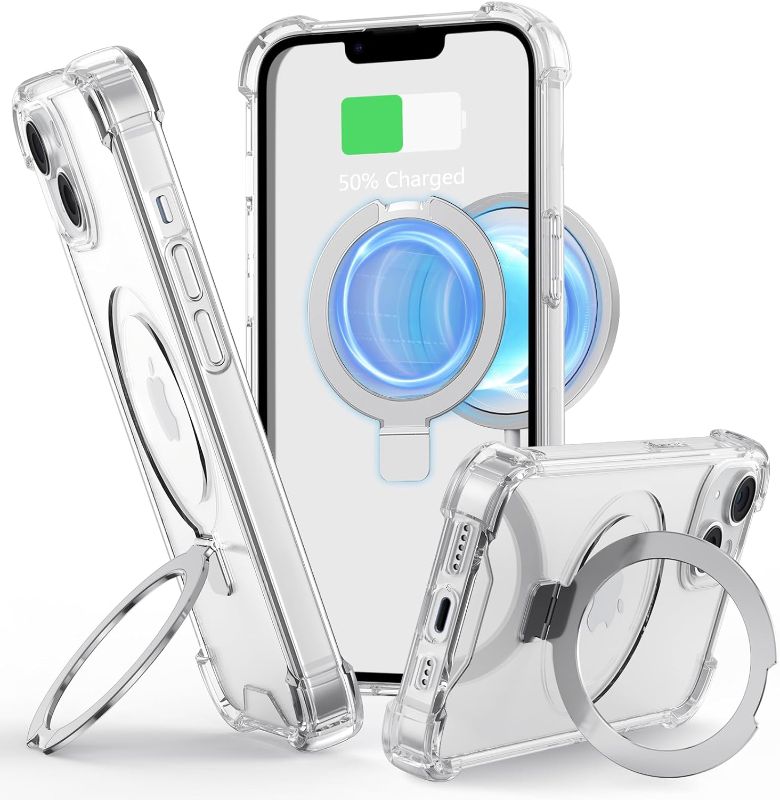 Photo 1 of for iPhone 15 Plus Case Clear with Magnetic Stand, Magsafe Compatible Military Drop Protection Colorful Bumper, Wireless Charging Ring Holder Cover for Men Women (Clear)
