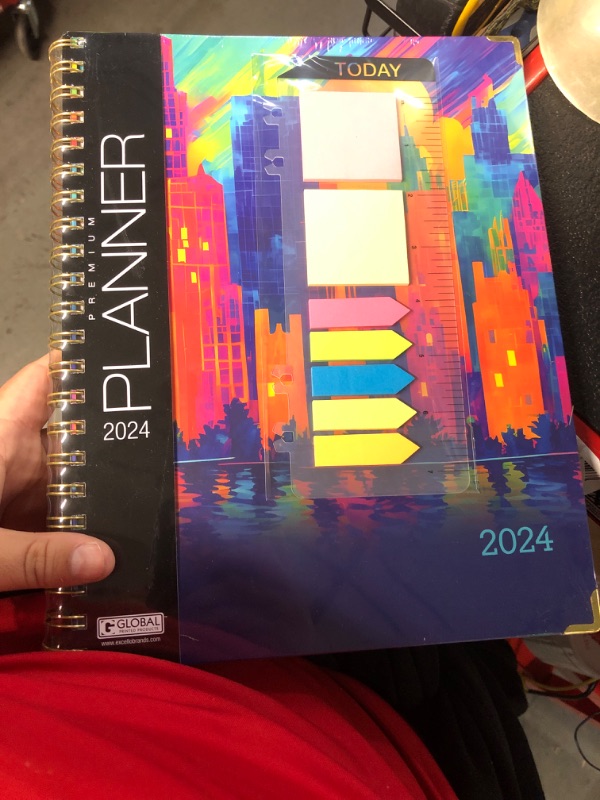 Photo 2 of HARDCOVER 2024 Planner: (November 2023 Through December 2024) 8.5"x11" Daily Weekly Monthly Planner Yearly Agenda. Bookmark, Pocket Folder and Sticky Note Set (Rainbow Cityscape) LARGE: 8.5" x 11"