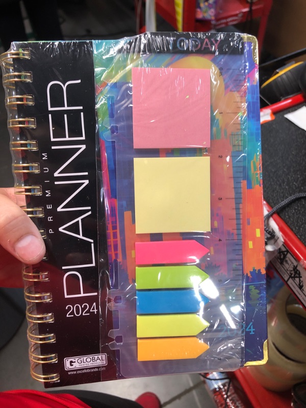 Photo 2 of HARDCOVER 2024 Planner: (November 2023 Through December 2024) 5.5"x8" Daily Weekly Monthly Planner Yearly Agenda. Bookmark, Pocket Folder and Sticky Note Set (Rainbow Cityscape) MEDIUM: 5.5" x 8"