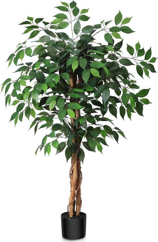 Photo 1 of (READ FULL POST) SOGUYI 4ft Artificial Ficus Tree with Natural Wood Trunk, Silk Fake Ficus Tree in Plastic Nursery Pot, Faux Plant for Office Home, Indoor Outdoor Decor, 1 Pack 1 4ft