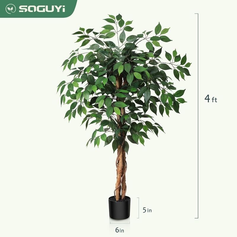 Photo 4 of (READ FULL POST) SOGUYI 4ft Artificial Ficus Tree with Natural Wood Trunk, Silk Fake Ficus Tree in Plastic Nursery Pot, Faux Plant for Office Home, Indoor Outdoor Decor, 1 Pack 1 4ft