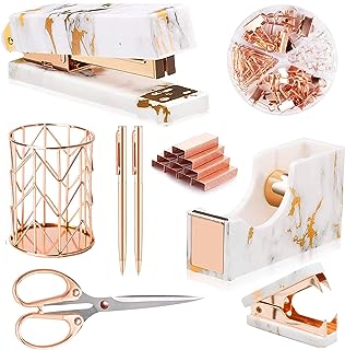 Photo 1 of Rose Gold Marble Desk Accessories, Office Supplies Set 