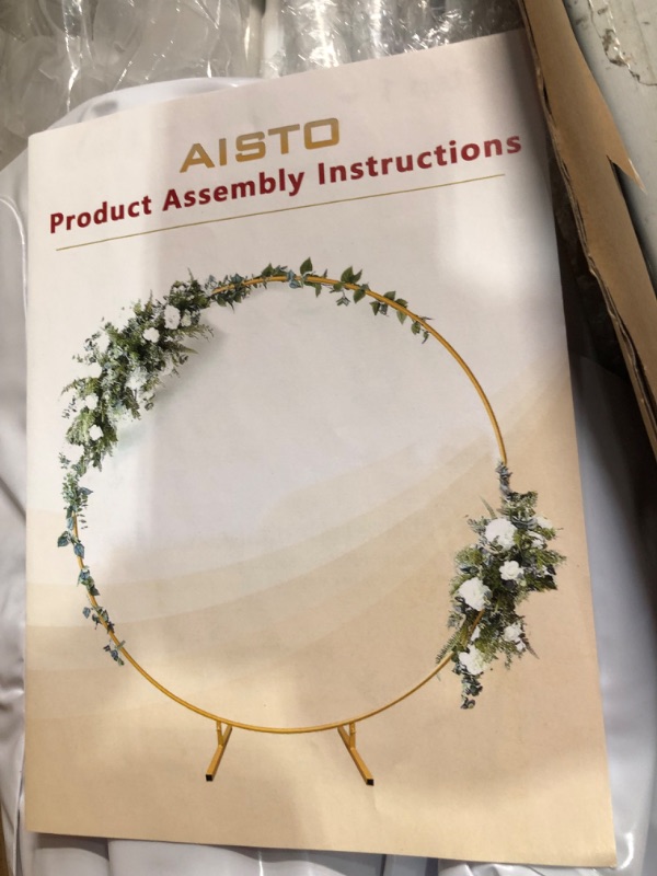 Photo 2 of Aisto Round Backdrop Stand Arch Balloon Golden Metal Circle Garland Frame with Base for Wedding Birthday Party Baby Shower Graduation Decoration (7.2 FT - White) 7.2 FT White