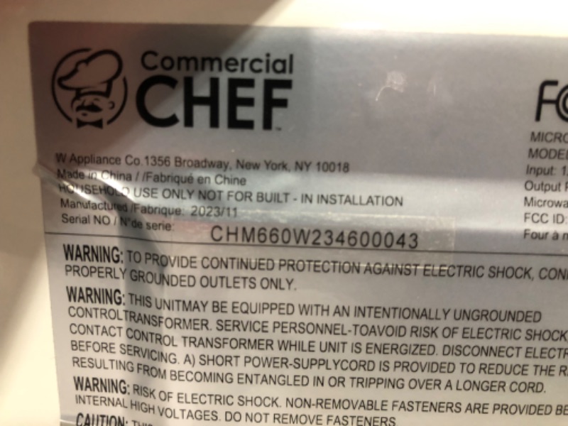 Photo 5 of ***USED - POWERS ON - UNABLE TO TEST FURTHER***
Commercial Chef CHM660 Counter Top Microwave, 0.6 Cubic Feet White 0.6 Cubic Feet Microwave Oven