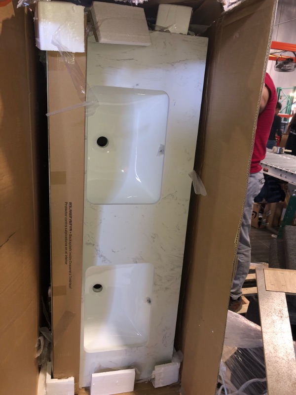 Photo 1 of **DAMAGED READ NOTES**allen + roth Kennilton 60-in Gray Oak Undermount Double Sink Bathroom Vanity with White Carrera Engineered Stone Top