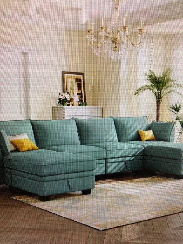 Photo 1 of ** 1 of 4 pieces**115 in. Flared Arm 6-Piece Linen U-Shaped Sectional Sofa in Light Green with Convertible