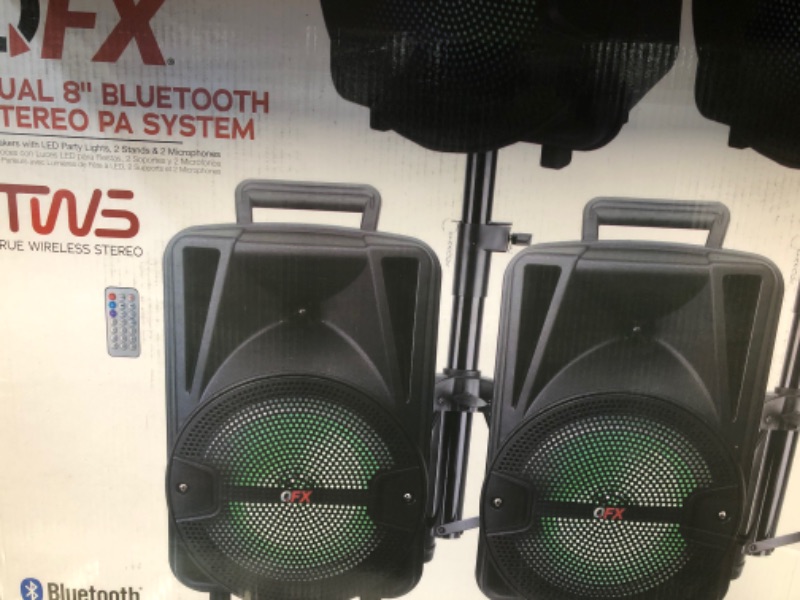 Photo 3 of PBX-800TWS 8-Inch Bluetooth Stereo PA System Comes with 2X 8 Speakers and 2X Stands, 2X Microphones, and a Remote Control