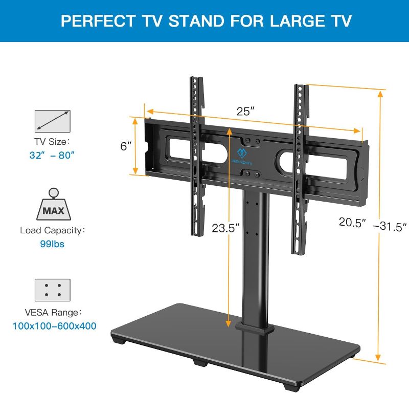 Photo 3 of (READ FULL POSTPERLESMITH Universal TV Stand Table Top TV Base for 32-80 inch LCD LED OLED 4K Flat Screen TVs-Height Adjustable TV Mount Stand with Tempered Glass Base, VESA 600x400mm, Holds up to 99lbs,PSTVS11
