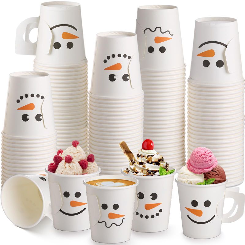 Photo 1 of **2 packs non refundable** 150 Pcs Snowman Paper Cups with Handle 9 oz Disposable Winter Cups Snowman Coffee Cups