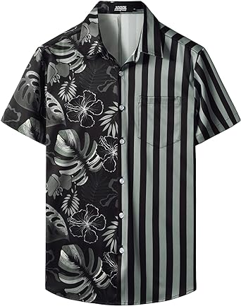Photo 1 of JOGAL Mens Flower Flamingo Hawaiian Shirts Short Sleeve Button Down Beach Shirt - Black/Gray - M