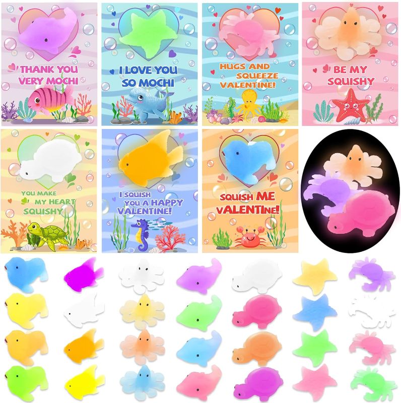Photo 1 of **non refundable 2 pack**Valentines Day Gifts for Kids, 28 Mochi Squishy Squeeze Sea Animals Toys Glow in Dark with 28 Valentines Cards for Kids Classroom