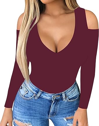 Photo 1 of HERLOLLYCHIPS Women Tops Summer Deep V Neck Short & Long Sleeve Cold Shoulder Slim Fit Casual Sexy Tees T-Shirts - X-Large - Burgundy