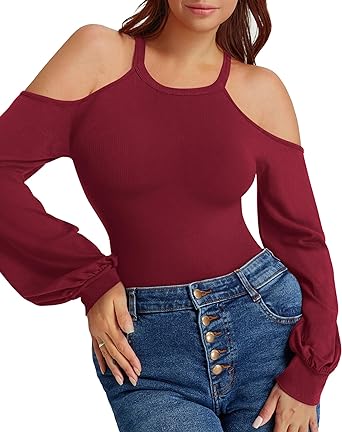 Photo 1 of HERLOLLYCHIPS Womens Puff Long Sleeve Tops Cold Shoulder Fitted Ribbed Shirts - Burgundy - XXLarge