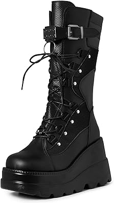 Photo 1 of mikarka Womens Holographic Platform Mid Calf Combat Boots Lace Up Wedge Heel Studded Goth Knee High Boots  size 39 