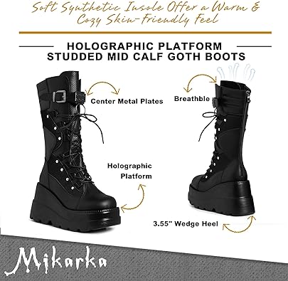 Photo 2 of mikarka Womens Holographic Platform Mid Calf Combat Boots Lace Up Wedge Heel Studded Goth Knee High Boots  size 39 