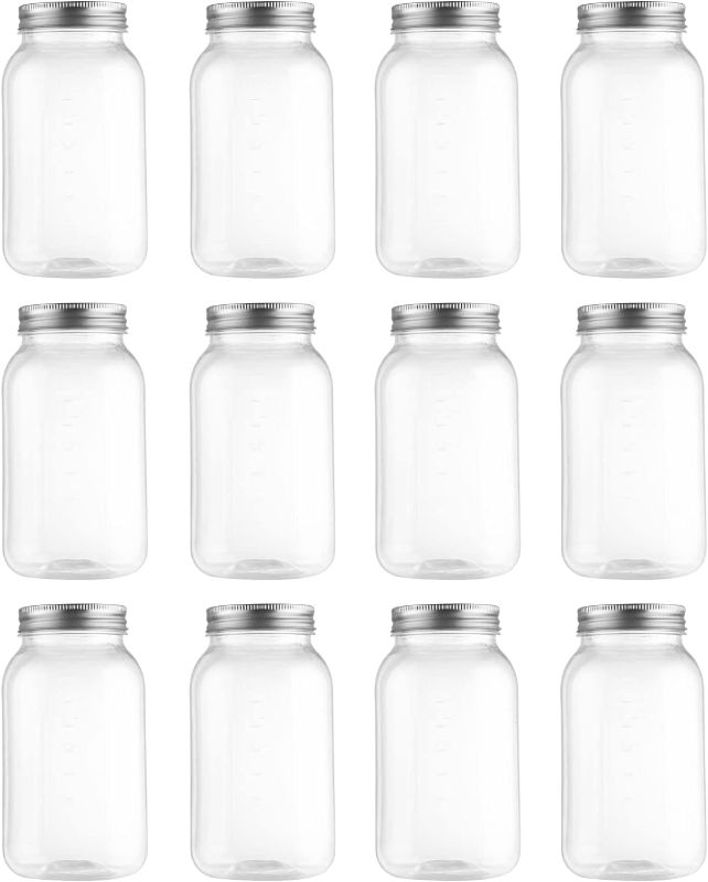 Photo 1 of novelinks 32 OZ Clear Plastic Mason Jars with Lids - Dishwasher Safe Plastic Mason Jars 32 OZ Plastic Jars with Lids for Kitchen & Household Storage (12 Pack) (Silver)