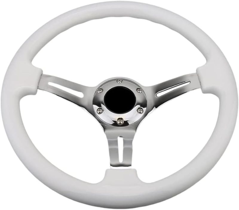 Photo 1 of Classic White Car Racing Steering Wheel Plating Silver Spokes 350mm 14" Auto Sports Steering Wheel Anti-sweat With Horn Button