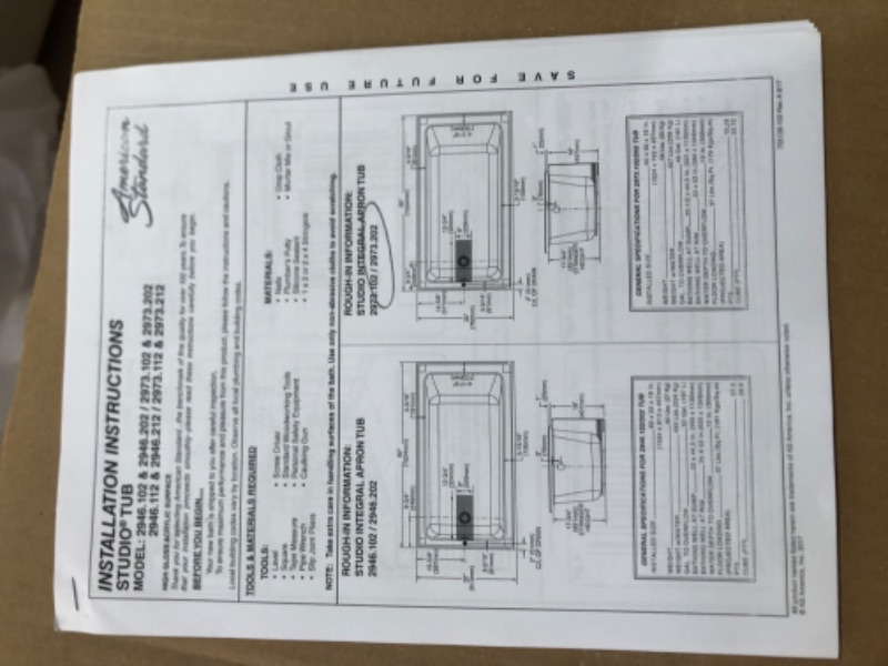 Photo 5 of ***SEE NOTES***
American Standard 2973202.011 Studio Integral Apron Bathtub Left Drain 60 in. x 30 in. Arctic White