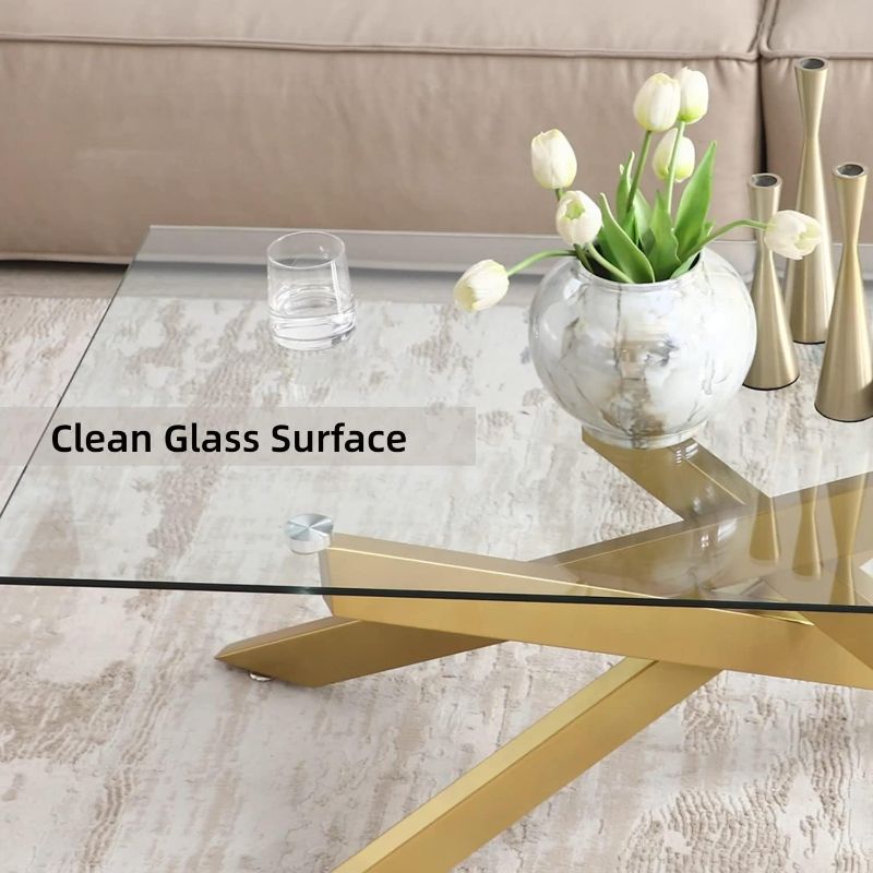 Photo 4 of (NON-REFUNDABLE) Rectangle Modern Coffee Table, Tempered Glass Top and Metal Tubular Leg, 47.3”Lx23.6”Wx18.1”H, Gold 