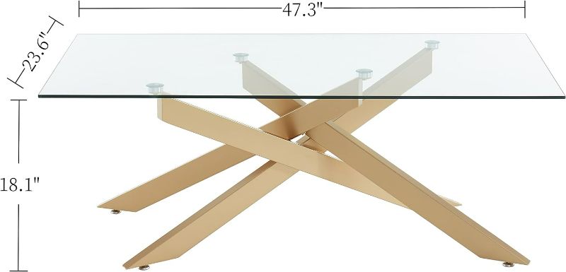 Photo 5 of (NON-REFUNDABLE) Rectangle Modern Coffee Table, Tempered Glass Top and Metal Tubular Leg, 47.3”Lx23.6”Wx18.1”H, Gold 