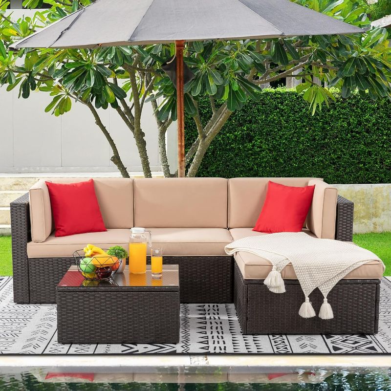 Photo 1 of ***NONREFUNDABLE - NOT FUNCTIONAL - FOR PARTS ONLY - SEE COMMENTS***
Shintenchi 5 Pieces Patio Furniture Sets Outdoor All-Weather Sectional Patio Sofa Set PE Rattan Manual Weaving Wicker Patio Conversation Set with Glass Table&Ottoman Cushion and Red Pill