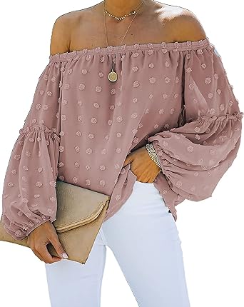 Photo 1 of KIRUNDO Women's 2024 Spring Summer Off The Shoulder Tops Cute Swiss Dot 3/4 Bell Sleeves Casual Ruffle Chiffon Blouse Small C-red Size S