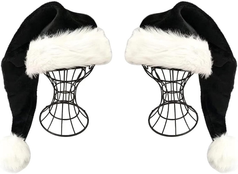 Photo 1 of Black Santa Hat - Adults Deluxe Black And White Xmas Christmas Hat Pack 2 pcs