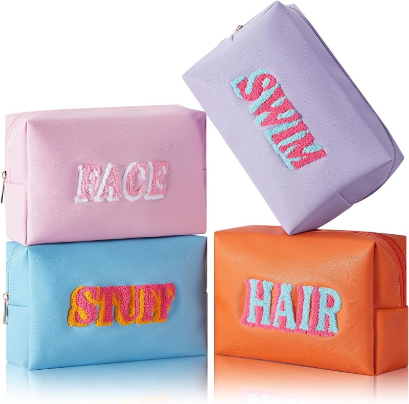 Photo 1 of 4 Pcs Chenille Letter Makeup Bag Preppy PU Cosmetic Bag Set 