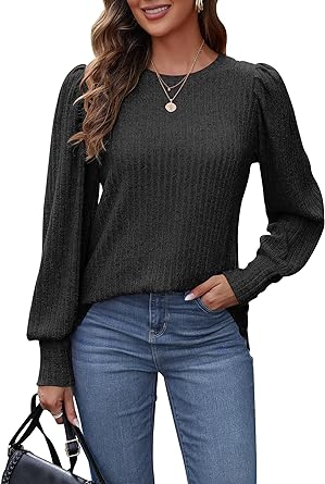 Photo 1 of  MOLERANI Women's Puff Long Sleeve Tops Lightweight Crewneck Plus Size Tunic Shirts M-4XL