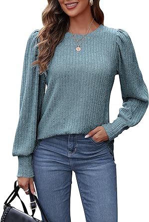 Photo 1 of MOLERANI Women's Puff Long Sleeve Tops Lightweight Crewneck Plus Size Tunic Shirts 3XL BLUE