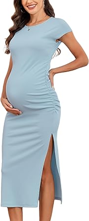 Photo 1 of 2024 Summer Women's Split Maternity Dress Short Sleeve Ruched Pregnancy Clothes Fine Ribbed Baby Shower Dresses
