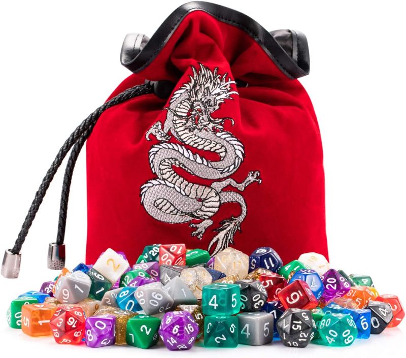 Photo 1 of 18 Full Dice Sets (126 Dice) with Red Platinum Dragon DND Dice Bag by Rogues & Knaves