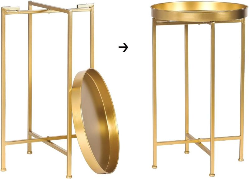 Photo 5 of (READ FULL POST) Homebeez Tray Metal End Table, Gold Round Foldable Side Table Small Decorative Sofa Snack Coffee Plant Stand Table 