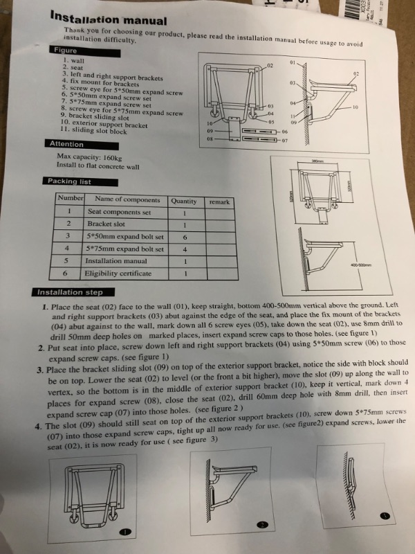 Photo 4 of Geetery Folding Shower Bench Load 350 Lbs Foldable Shower Chair Wall Mounted Collapsible Shower Seat Safety 