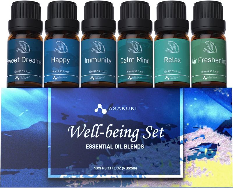 Photo 1 of (Similar to Stock Photo) ASAKUKI Essential Oil Blends Set for Diffusers for Home, Well-Being Gift Kit- Calming, Dreams, Breathe, Relaxing, Mood, Fresh Air Aromatherapy Oils for Humidifiers, Massage, 6x10ml
