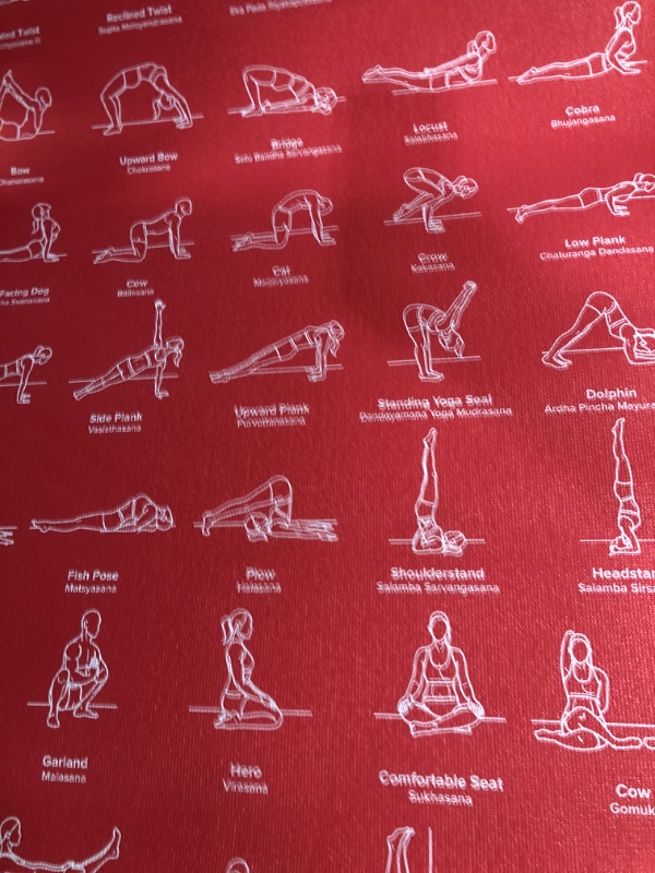 Photo 2 of (Similar to Stock Photo) RED NewMe Fitness Yoga Mat for Women and Men - Large, 5mm Thick, 68 Inch Long, Non Slip Exercise Mats w/ 70 Printed Yoga Poses for Pilates, Workout and Stretching