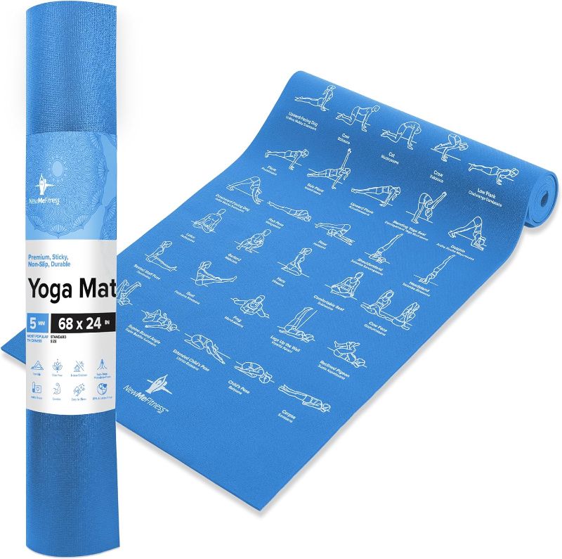 Photo 1 of (Similar to Stock Photo) RED NewMe Fitness Yoga Mat for Women and Men - Large, 5mm Thick, 68 Inch Long, Non Slip Exercise Mats w/ 70 Printed Yoga Poses for Pilates, Workout and Stretching